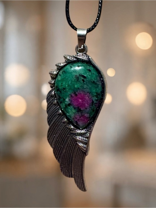Handmade Jewelry - Pink & Green Ruby Zoisite Stone Wing Pendant Feather Necklace Silver